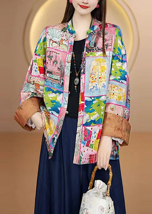 Chinese Style O-Neck Print Loose Silk Coat Fall
