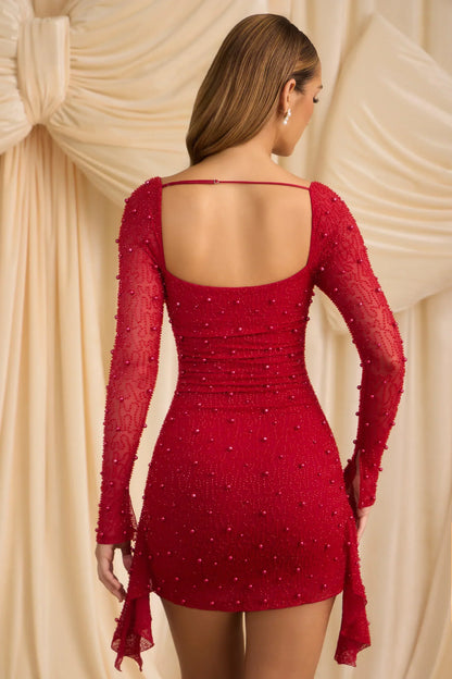 Embellished Cowl-Neck Draped Mini Dress In True Red