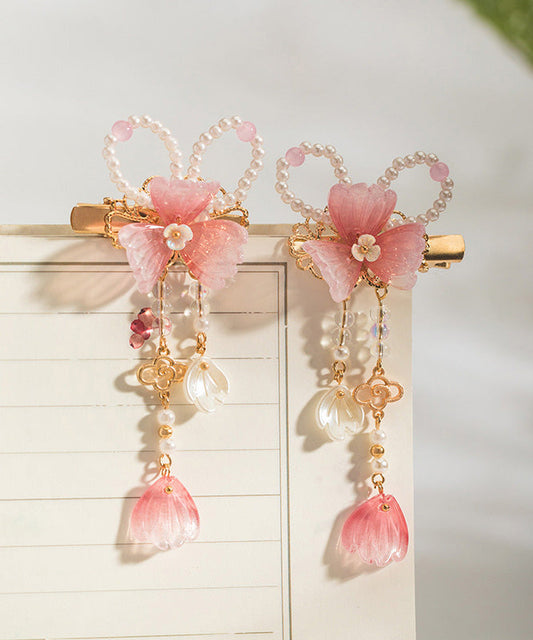 Cute Pink Copper Alloy Pearl Colored Glaze Tassel A Pair Hairpin