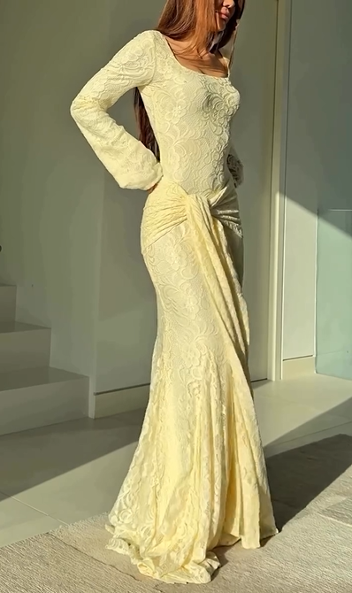 Sexy U Collar Long Sleeve Solid Color Lace-up Dress