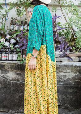 Elegant yellow blue print linen Robes o neck patchwork Traveling summer Dresses