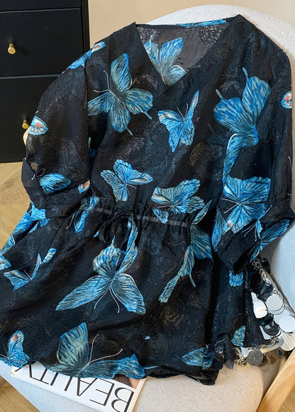 Blue Butterfly Silk Blouse Tops Cinched Summer
