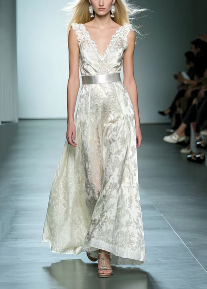 Beautiful White Cinched Jacquard Silk Dinner Dress Summer