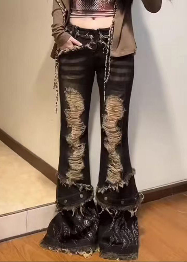 Bohemian Navy Tasseled Denim Ripped Bell-bottom Trousers Spring