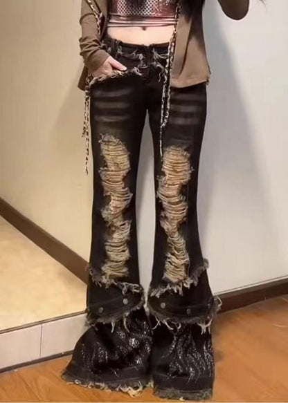 Bohemian Navy Tasseled Denim Ripped Bell-bottom Trousers Spring