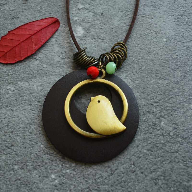 Wood Chip Bird Pendant Long Necklace