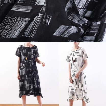 Beautiful black linen clothes tie waist long summer prints Dresses