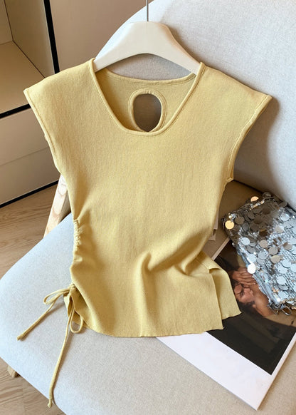 Yellow Cinched Side Open Solid Knit T Shirt Hollow Out