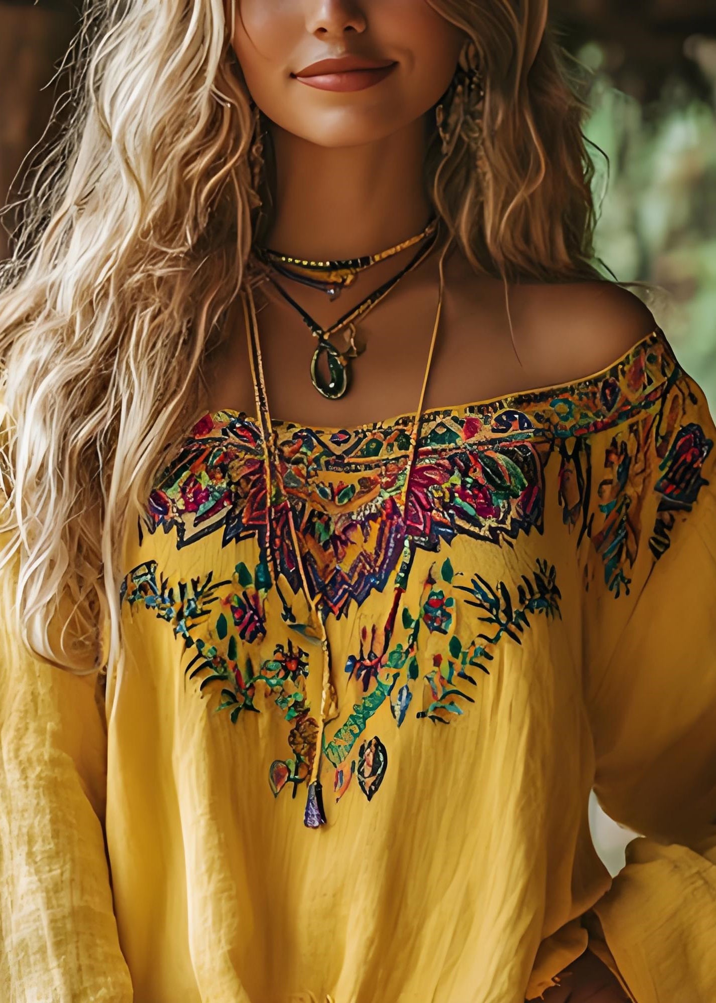 Bohemian Yellow Slash Neck Print Cotton T Shirts Spring