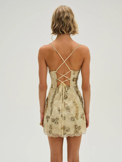 Sexy Hollow-out Camisole Sequined Hot Girl Mini Skirt