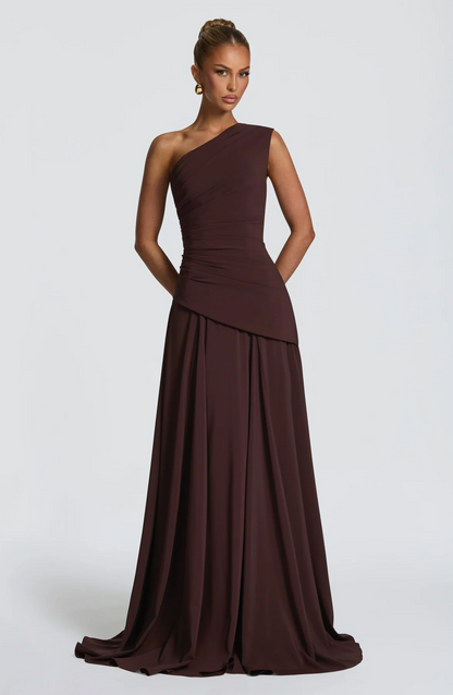 Chocolate Brown One-Shoulder Draped Ruched Lace-Up Maxi Evening Gown