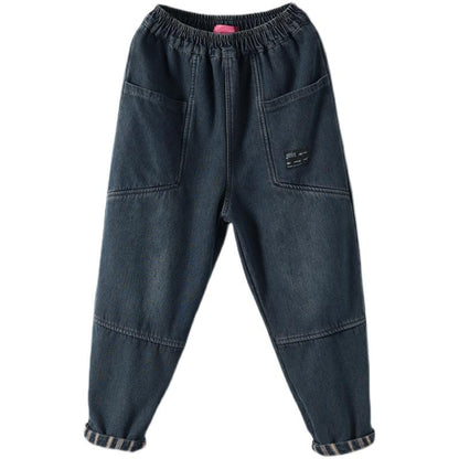 Winter Retro Patchwork Plush Casual Loose Harem Jeans