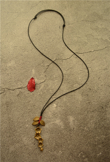 Cotton Linen Bronze Plum Blossom Leaves Literary Long Necklace