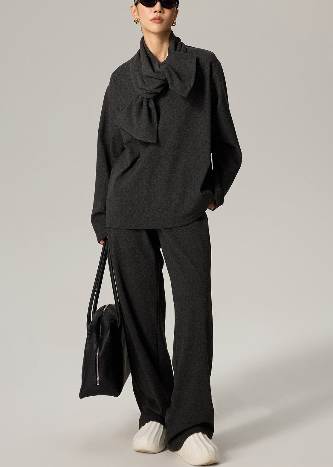 Dark Gray Scarf Tops And Pants Cotton Fall Three Pieces Set V Neck