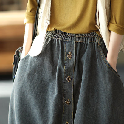 Retro Cotton Patchwork A-Line Split Denim Skirt