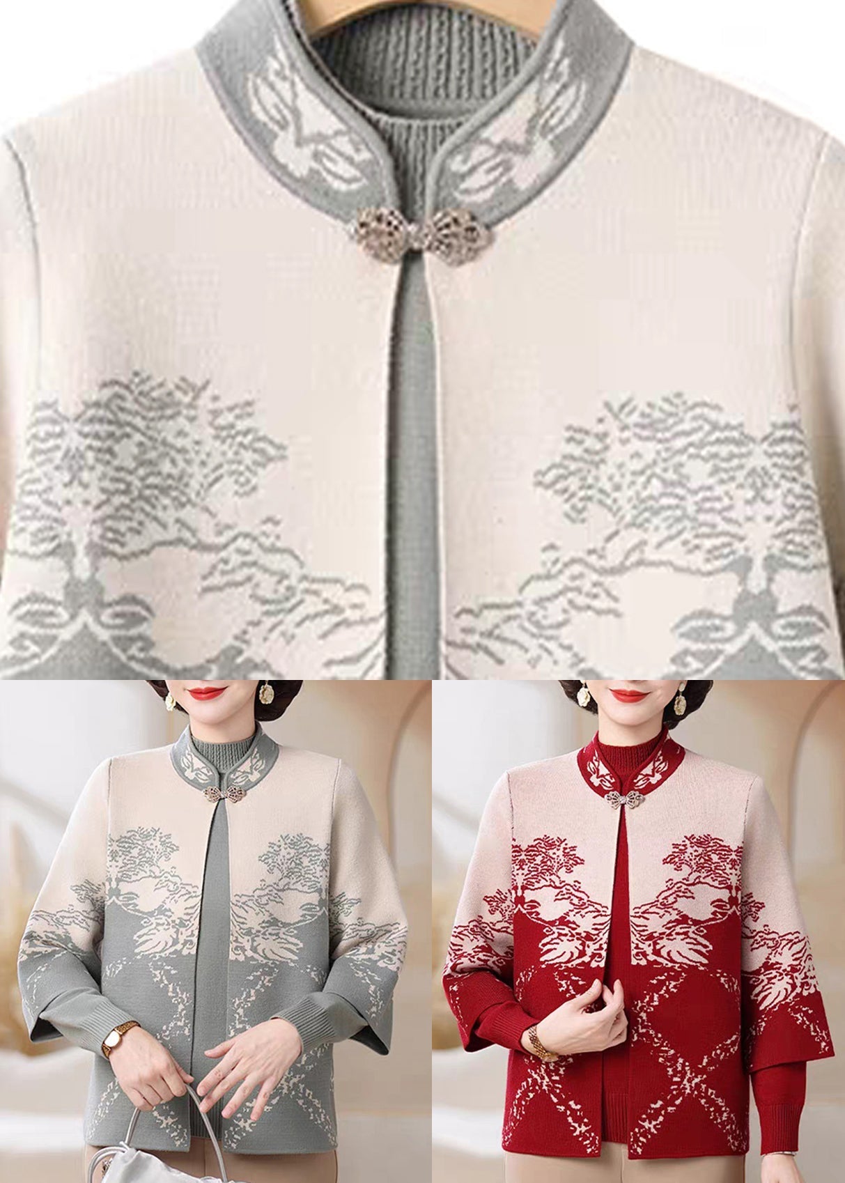 Red Print Cotton Knit Coats And Sweater Two Pieces Set Three Quarter Sleeve