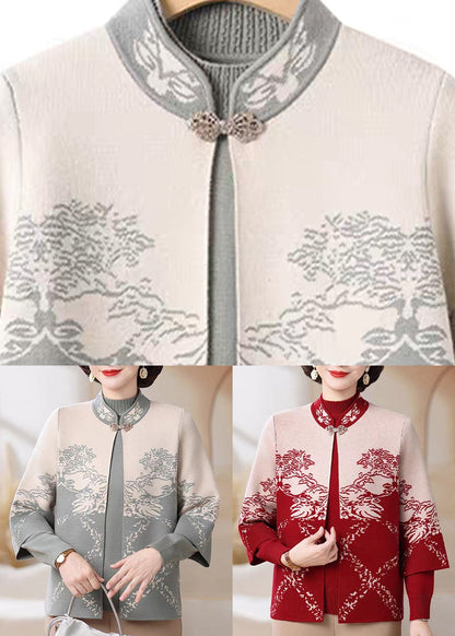 Red Print Cotton Knit Coats And Sweater Two Pieces Set Three Quarter Sleeve