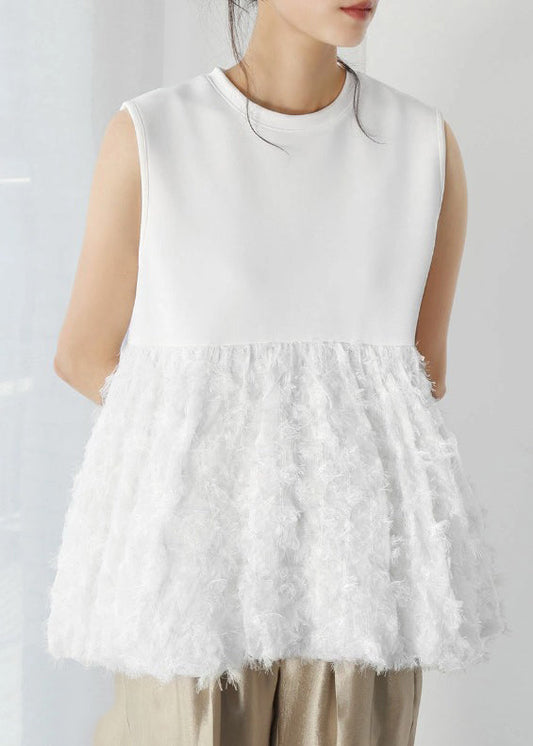 Fashion White Tasseled Patchwork Cotton Tops Sleeveless