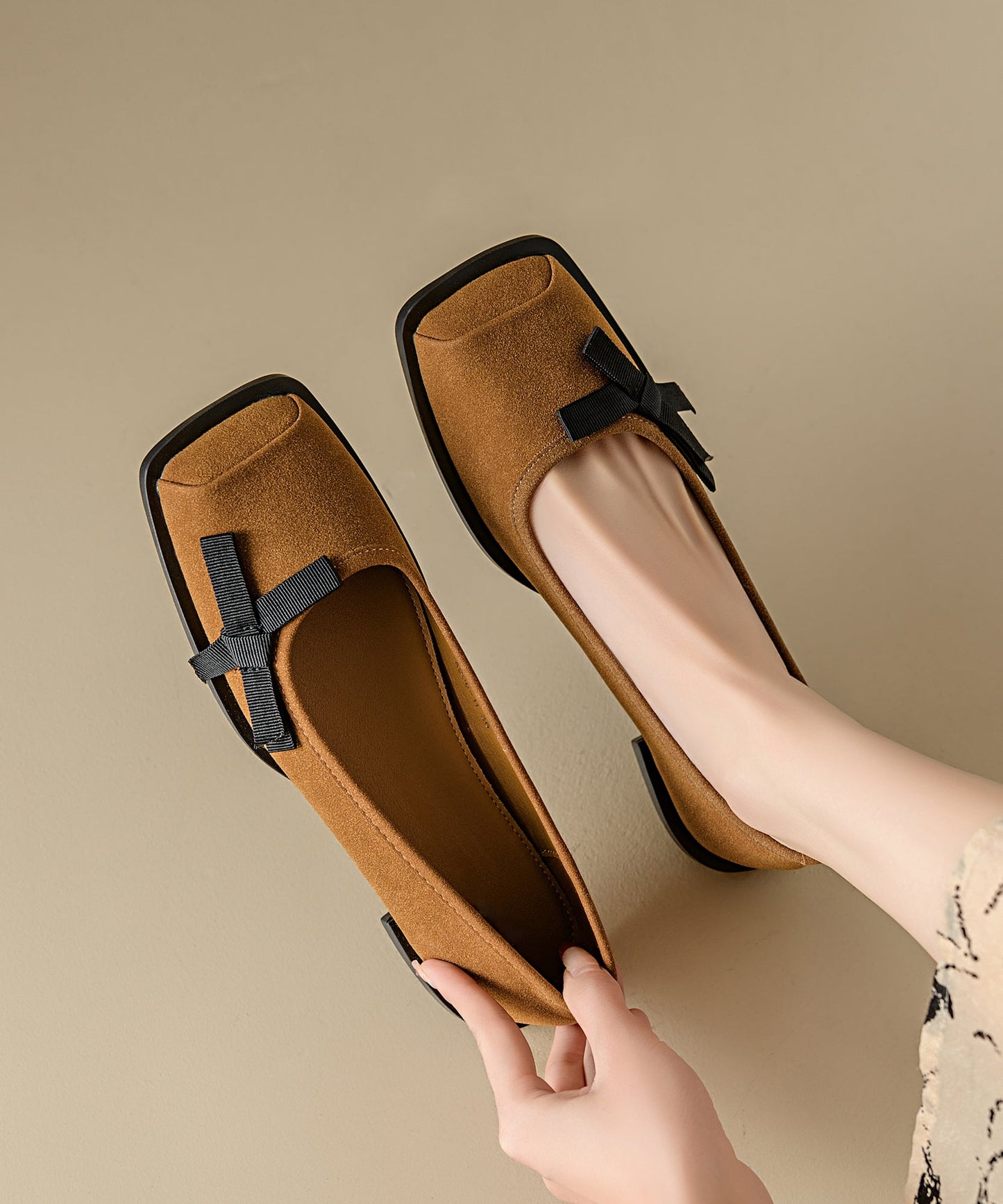 Chic Apricot Suede Flat Shoes Splicing Bow