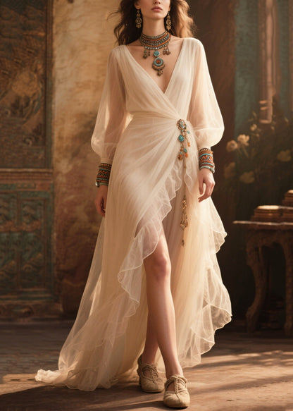 Boho White Tasseled Exra Large Hem Tulle Party Dress Summer