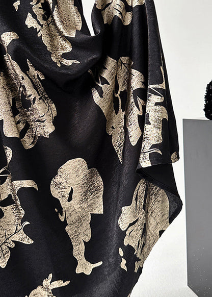 Chinese Style Black Print Elastic Waist A Line Skirts