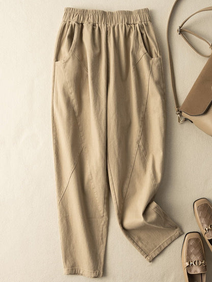 100% Natural Fabric Loose Ninth Pants With Pocket In Solid Color