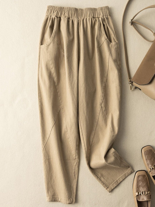 100% Natural Fabric Loose Ninth Pants With Pocket In Solid Color