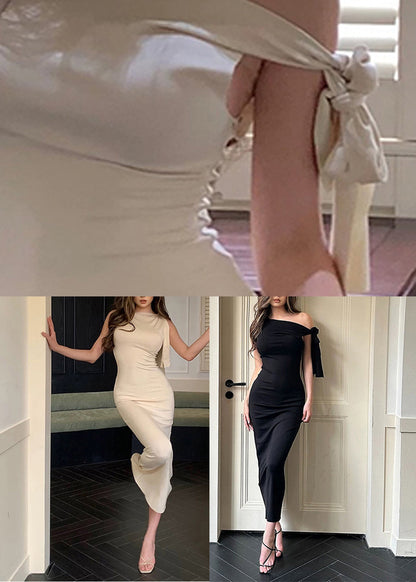 Black One Shoulder Solid Maxi Dress Sleeveless
