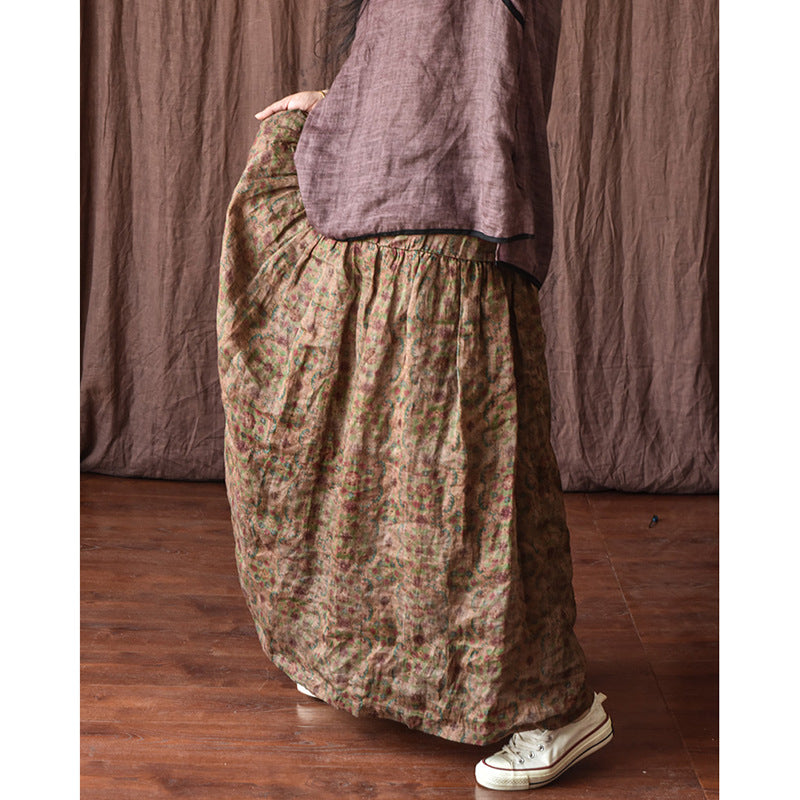 Plus Size  Cozy Retro Floral Linen Skirt