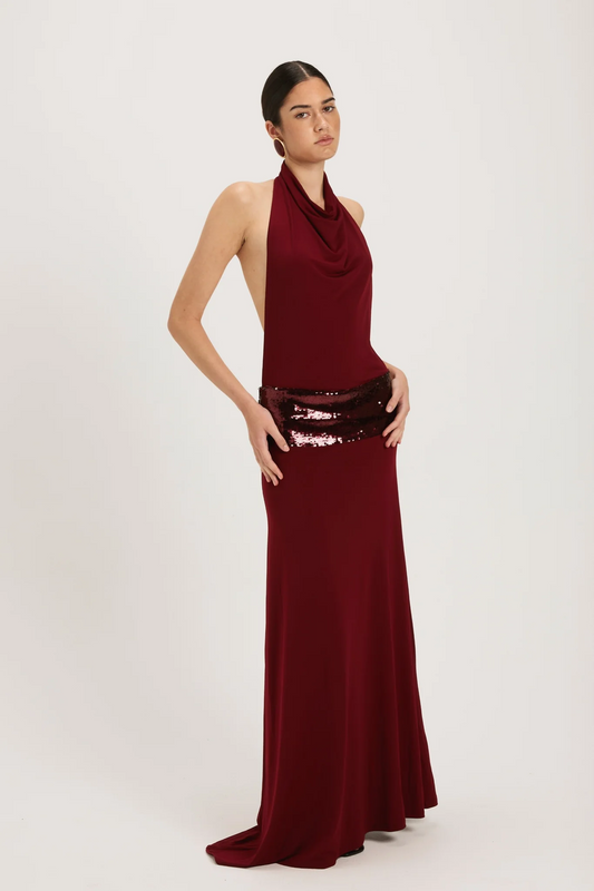 Sleeveless Halter Solid Color Stitching Sequined Denim Dress