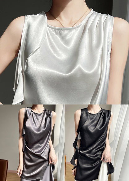 New Black Asymmetrical Solid Silk Tanks Summer