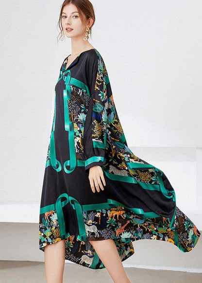 Vintage Black Green V Neck Print Fall Long Dresses