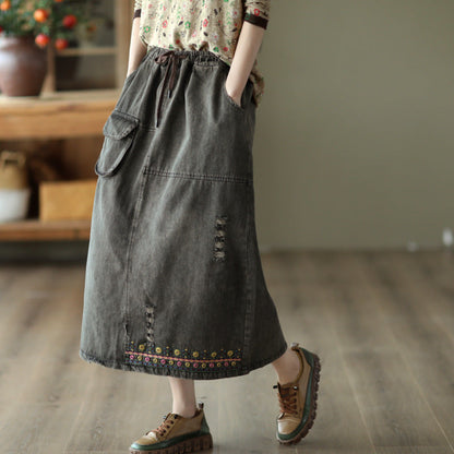 Vintage Embroidered Ripped Denim Slim A-Line Skirt