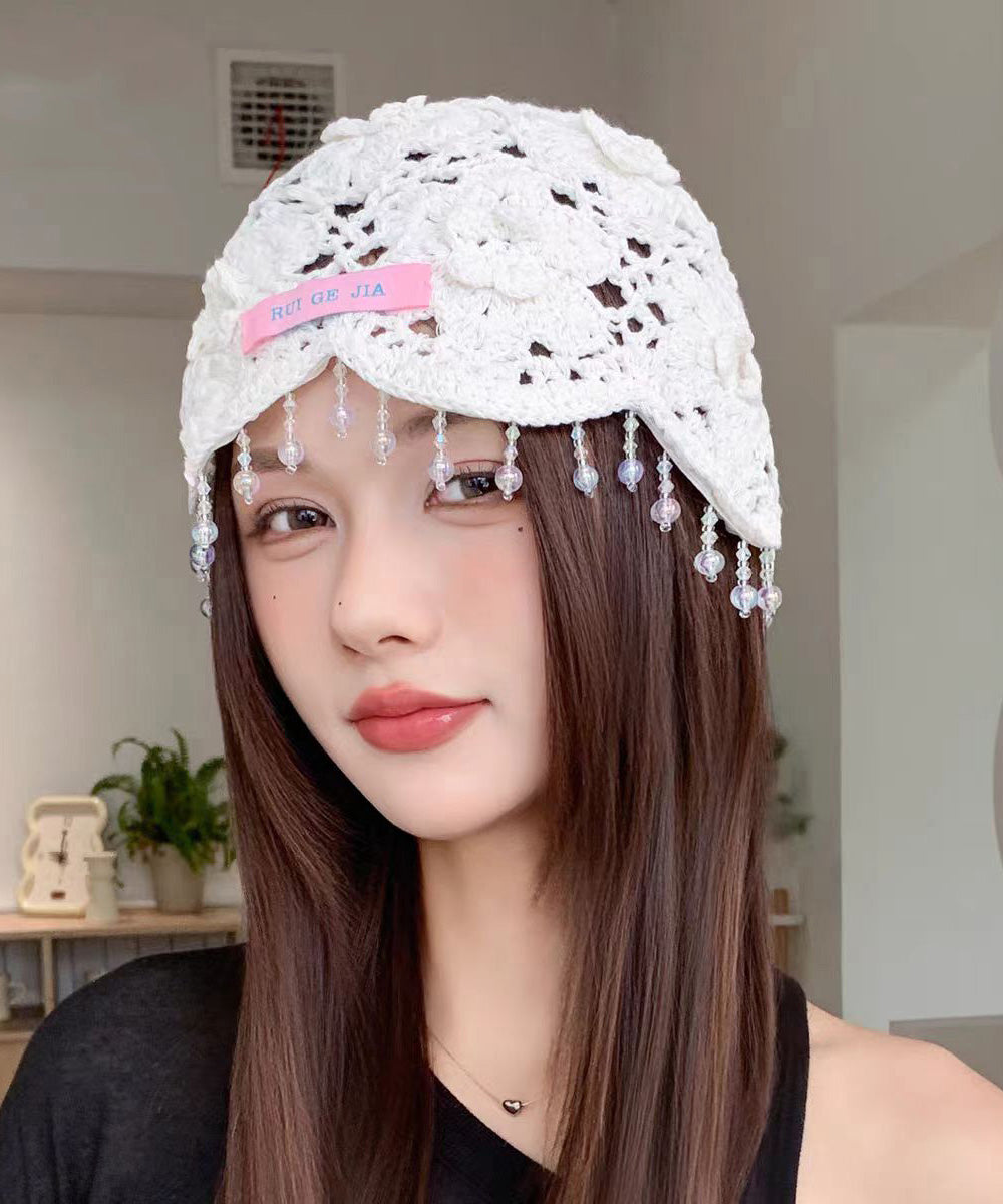Bohemian Blue Floral Tassel Hollow Out Knit Boonie Hat