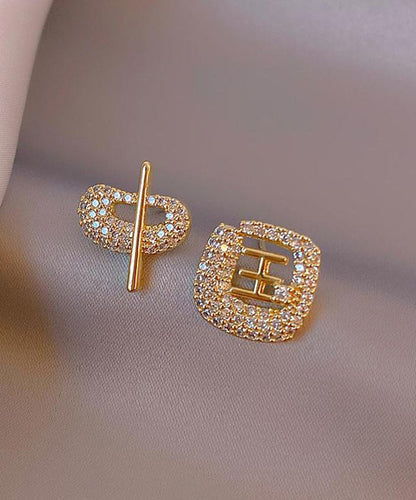 Art Gold 14K Gold Zircon Asymmetric Chinese Characters Stud Earrings