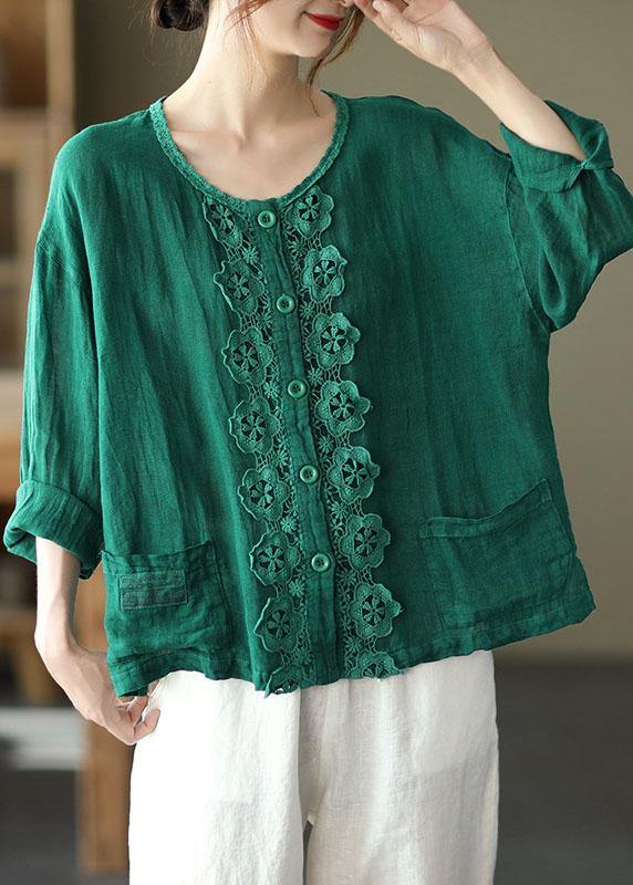 Bohemian Green Retro O-Neck Button Fall Shirt Tops Long Sleeve