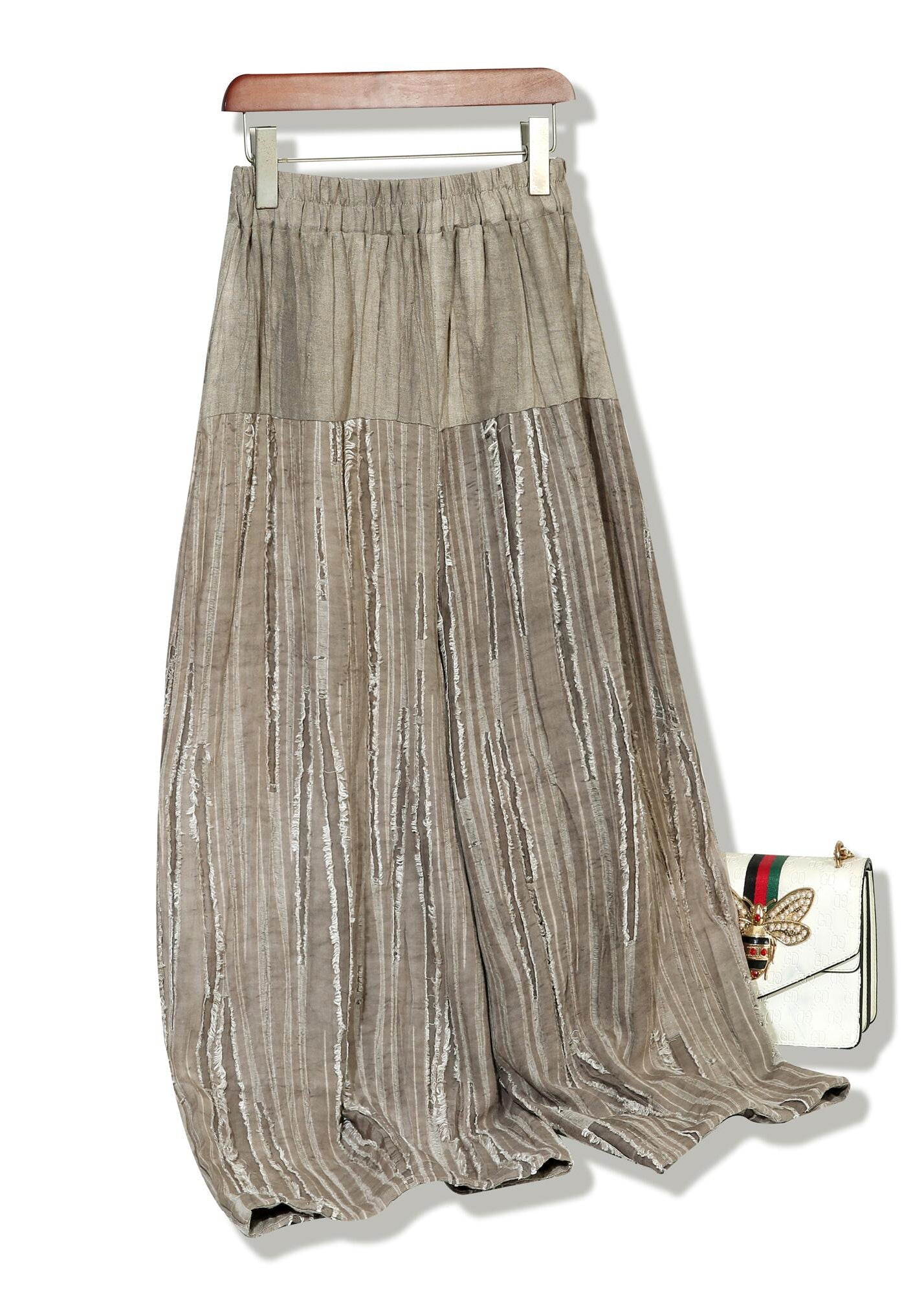 Plus Size Khaki Elastic Waist Patchwork Linen Skirts Fall