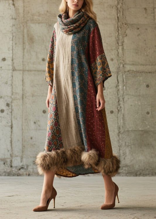Organic Colorblock Oversized Patchwork Faux Fur Ankle Dress Fall