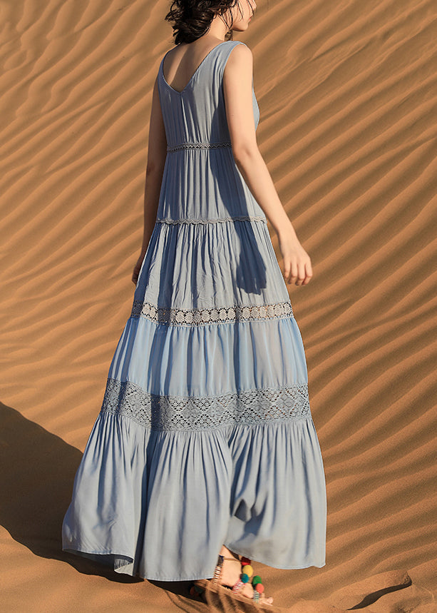 Boho Blue Button Hollow Out Cotton Long Dress Sleeveless