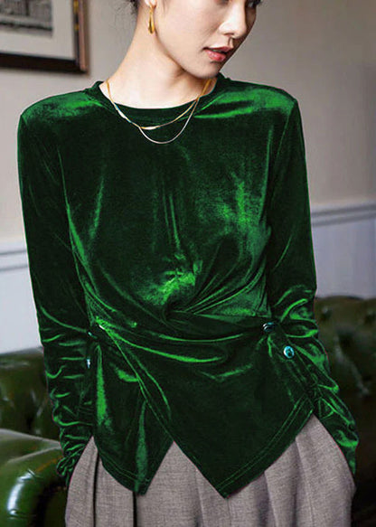 Mulberry Silk Velour Blouses Asymmetrical Button Long Sleeve