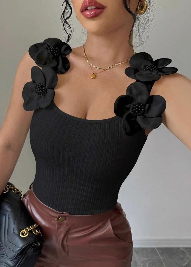 Silm Fit Black Floral Decorated Cotton Tops Summer