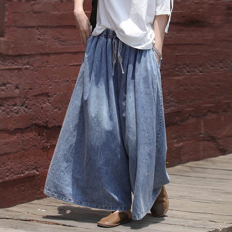 Plus Size - Casual Drawstring Blue Denim Wide Leg Pants