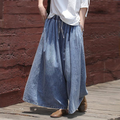 Plus Size - Casual Drawstring Blue Denim Wide Leg Pants
