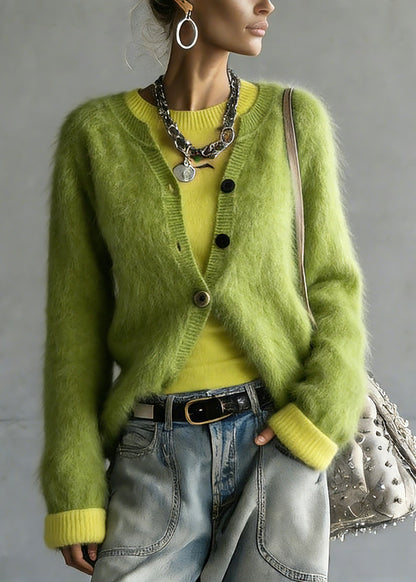 Cute Green V Neck Cotton Knit Cardigan And Top Two Pieces Set Spring