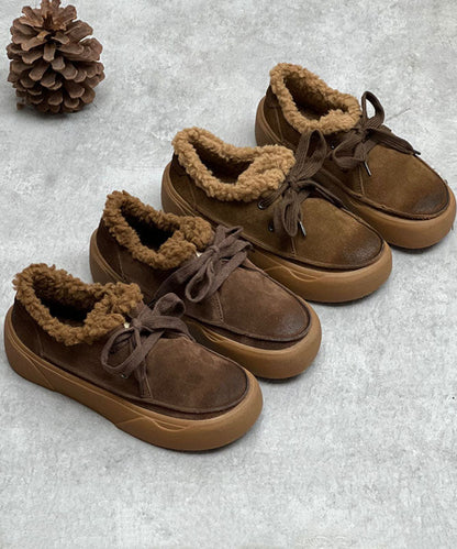 Coffee Flats Lace Up Flat Shoes For Women Fuzzy Wool Lined