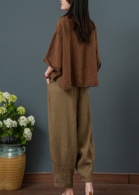 Coffee Linen Two Piece Suit Set Oversized Bracelet Sleeve