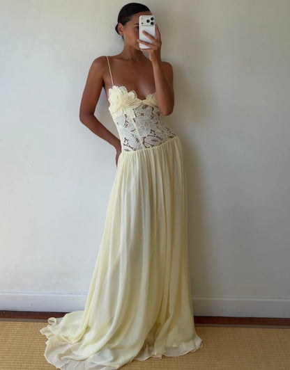 Cream Yellow 3D Floral Lace Patchwork Cross Backless Ruched Waist Flowy Maxi Vacation Dress
