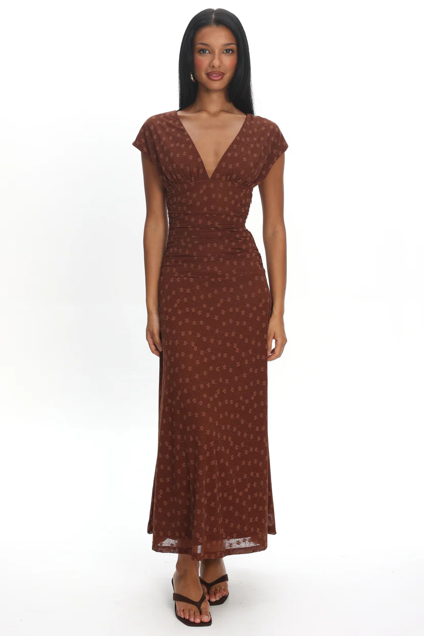 Caramel Floral Print V-Neck Cap Sleeve Ruched Waist Fitted Midi Dress