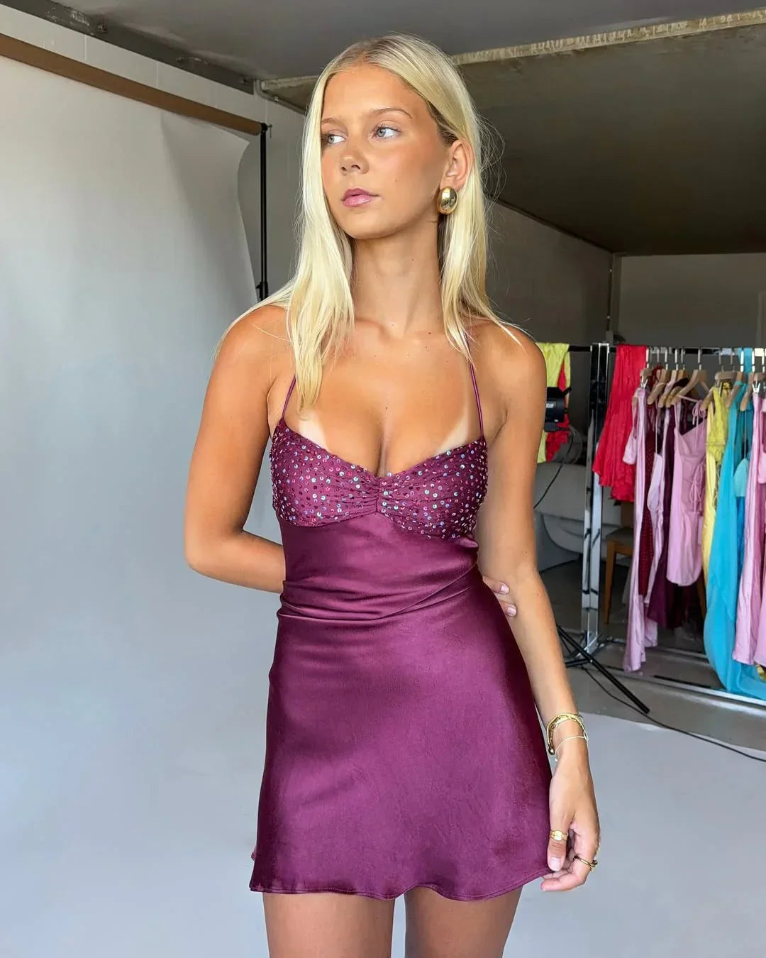 Cute Sheath Spaghetti Straps Purple Short Homecoming Dress With Beading