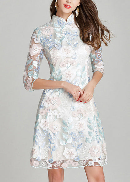 Women White Stand Collar Embroidered Silk Mid Dresses Summer